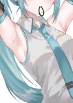  1girl adjusting_hair aqua_hair aqua_necktie aqua_trim armpit_focus armpits arms_up black_sleeves blush breast_pocket breasts collared_shirt commentary_request detached_sleeves eyes_out_of_frame facing_viewer frilled_shirt frills grey_shirt hair_tie hair_tie_in_mouth hands_in_own_hair hatsune_miku head_out_of_frame highres long_hair mamekiti_k medium_breasts mouth_hold necktie pocket shirt sidelocks simple_background sleeveless sleeveless_shirt solo tie_clip tying_hair upper_body vocaloid white_background 