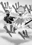  cirno greyscale highres md5_mismatch monochrome multiple_girls niiko_(gonnzou) ribbon rumia shaded_face touhou tree wings 