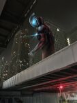  1boy absurdres alien aqua_eyes black_skin bridge building city_lights color_timer colored_skin commentary_request from_below giant highres looking_back multicolored_skin night outdoors red_skin silver_skin solo tokusatsu ultra_series ultraman_geed ultraman_geed_(series) yoshifuto 