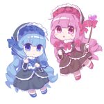 2girls :o alternate_costume alternate_hairstyle black_bonnet black_dress blue_bow blue_bowtie blue_eyes blue_flower blue_rose blue_shoes bonnet bow bow_(weapon) bowtie colored_lineart commentary_request dress drill_hair expressionless flower frilled_bonnet frilled_dress frilled_sleeves frills heart_wand highres holding holding_bow_(weapon) holding_wand holding_weapon kotonoha_akane kotonoha_aoi lolita_fashion low-tied_sidelocks multiple_girls pink_bow pink_bowtie pink_eyes pink_flower pink_hair pink_rose pink_shoes plume_(pixiv_106530054) rose shoes siblings sidelocks sisters voiceroid waist_bow wand weapon 