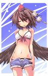  ;p alternate_costume bare_shoulders bikini black_wings blush brown_hair casual contemporary cutoffs denim denim_shorts hat highres hikawa_shou looking_at_viewer midriff navel one_eye_closed open_fly pulled_by_self red_eyes shameimaru_aya short_hair short_shorts shorts shorts_pull simple_background smile solo swimsuit tokin_hat tongue tongue_out touhou unzipped wings 