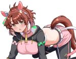  1girl ahoge animal_ears black_leggings black_shrug blush breasts brown_eyes brown_hair checkered_ribbon commentary_request dantsu_flame_(center_spotlight)_(umamusume) dantsu_flame_(umamusume) ear_covers ear_ornament ear_ribbon hair_between_eyes highres horse_ears horse_girl horse_tail large_breasts leggings leggings_under_shorts looking_at_viewer midriff multicolored_hair open_mouth pink_shirt pink_shorts renny_(seraphyfether) shirt shorts shrug_(clothing) simple_background solo tail tied_shirt umamusume white_background white_hair white_shirt 