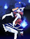  beret blue_eyes blue_hair breasts ghost graveyard hat highres hitodama jiangshi medium_breasts miyako_yoshika ofuda open_mouth outstretched_arms pale_skin short_hair skirt smile solo star tombstone touhou zefa_(neoaltemice) zombie_pose 