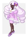  1girl ascot botamochi126 closed_mouth commentary_request dark-skinned_female dark_skin dress fascinator fishnet_pantyhose fishnets frilled_ascot frills glove_bow gloves hair_ornament high_heels highres jacinthe_(pokemon) juliet_sleeves long_hair long_sleeves looking_at_viewer low_drills mega_stone pantyhose pokemon pokemon_legends:_z-a puffy_sleeves purple_dress purple_eyes purple_hair solo very_dark_skin white_gloves 