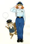  1boy 1girl arm_up belt belt_buckle black_belt black_hat black_shoes black_vest blank_speech_bubble blonde_hair blue_eyes blue_hat blue_pants blue_shirt body_fur breast_pocket brown_fur buck_teeth buckle closed_mouth collared_shirt commentary_request female_service_cap full_body furry furry_male hat highres looking_at_viewer mapo_(nerima_police_station) mascot medium_hair miura_mitsuru neri_(nerima_police_station) nerima_police_station official_art open_mouth pants peaked_cap pocket police police_badge police_hat police_uniform policeman policewoman salute shirt shirt_tucked_in shoes shoulder_boards simple_background smile speech_bubble squirrel squirrel_boy standing teeth utility_vest vest waving white_background 