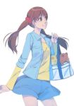  1girl akinbo_(hyouka_fuyou) animal bag blue_jacket blue_skirt brown_eyes brown_hair cowboy_shot floating_hair hair_ornament hair_scrunchie highres holding holding_bag jacket long_hair long_sleeves miniskirt open_clothes open_jacket precure precure_all_stars_new_stage:_mirai_no_tomodachi red_scrunchie sakagami_ayumi scrunchie shiny shiny_hair shirt simple_background skirt smile solo standing twintails white_background yellow_shirt 