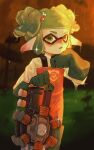  1girl absurdres apron beebye blunt_bangs blush commentary_request gloves green_eyes grey_hair grizzco_splatana_(splatoon) hair_ornament highres inkling inkling_girl inkling_player_character looking_at_viewer open_mouth orange_apron pointy_ears rubber_gloves salmon_run_(splatoon) shirt solo splatoon_(series) splatoon_3 tentacle_hair wet white_shirt wiping_face 