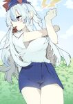  absurdres alternate_costume blowing_whistle blue_hair blue_shorts blush gym_uniform hat highres kamishirasawa_keine kuromaru_ira long_hair multicolored_hair outdoors red_eyes shirt short_sleeves shorts stretching t-shirt thighs touhou two-tone_hair whistle white_shirt 