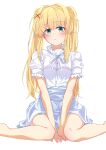  1girl absurdres barefoot between_legs blonde_hair blue_skirt blush commentary eyes_visible_through_hair feet_out_of_frame green_eyes hair_between_eyes hair_intakes hair_ornament hand_between_legs high-waist_skirt highres kyamiuu long_hair looking_at_viewer neck_ribbon official_alternate_costume parted_lips puffy_short_sleeves puffy_sleeves ribbon shirt short_sleeves sidelocks simple_background sitting skirt solo straight_hair summer_pockets tsumugi_wenders twintails v_arms wariza white_background white_ribbon white_shirt x_hair_ornament 