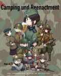  6+girls adrian_helmet ammunition_pouch arisaka bayonet beer_mug beret blonde_hair blue_eyes bolt_action bren_lmg brown_eyes brown_hair camouflage_background closed_mouth collar_tabs combat_helmet commentary_request commission cup drinking erica_(naze1940) finger_on_trigger garrison_cap green_collar_tabs green_eyes gun hands_up hat helmet highres holding holding_gun holding_weapon light_machine_gun looking_at_viewer looking_to_the_side machine_gun mas-36 mauser_98 military_combat_uniform military_rank_insignia military_uniform mug multiple_girls one_eye_closed open_mouth original patch pouch red_collar_tabs red_hair rifle second-party_source shoulder_boards shoulder_patch stahlhelm unit_patch weapon 