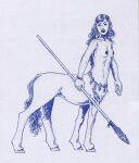 adeptus-monitus breasts centaur equid equid_taur european_mythology female greek_mythology holding_object holding_weapon hooves humanoid_taur mammal mammal_taur melee_weapon mythology nude pen_(artwork) polearm simple_background solo spear stone_spear tail taur traditional_media_(artwork) unguligrade weapon