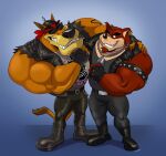 2020 activision anthro arm_over_shoulder arm_tattoo armor bandicoot barazoku belt biceps big_muscles biker biker_jacket biker_tiny_tiger body_hair boots bottomwear chain chain_necklace clothing crash_bandicoot_(series) crunch_bandicoot dasyuromorph deltoids duo eyewear facial_hair fangs fingerless_gloves fist footwear fur glasses gloves goatee grin handwear headgear helmet hi_res jacket jewelry kerchief leather leather_bottomwear leather_clothing leather_jacket leather_pants leather_topwear looking_at_another male male/male mammal manly marsupial muscular muscular_anthro muscular_arms muscular_male necklace orange_body orange_fur pants pawpads polartoons recently_extinct_species red_body red_fur sharp_teeth shirt shoes simple_background sleeveless_clothing sleeveless_jacket smile stubble sunglasses tail tail_tuft tan_body tan_fur tattoo teeth thylacine tiny_tiger topwear torn_clothing torn_jacket triceps tuft