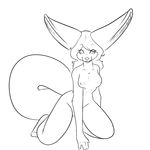  big_ears black_and_white breasts canine female fennec fox kneeling looking_at_viewer mammal maya monochrome nightfaux nipples nude plain_background solo white_background 