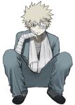  1boy arm_sling bags_under_eyes bakugou_katsuki bandaged_arm bandaged_head bandages black_slippers blonde_hair blue_pants blue_shirt bn_56s boku_no_hero_academia cast gauze gauze_on_cheek gauze_over_eye highres injury invisible_chair male_focus one_eye_covered pants parted_lips red_eyes sanpaku shirt shoes short_hair sitting slippers solo spiked_hair twitter_username 