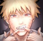  1boy alternate_costume artist_name bleeehrghw blonde_hair blue_eyes downturned_eyes drop_shadow english_commentary eyebrow_piercing face_piercing facial_mark fingers_to_mouth furrowed_brow glint grills hashtag-only_commentary highres ibispaint_(medium) jewelry lip_piercing multiple_rings naruto_(series) nose_piercing ornate_ring piercing portrait red-eye_effect ring shirt silver_ring skull_ring solo spotlight teeth uzumaki_naruto vignetting whisker_markings white_shirt 