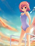  bad_id bad_pixiv_id bare_shoulders green_eyes highres one-piece_swimsuit original pini red_hair short_hair smile solo sunset swimsuit white_swimsuit 