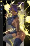  1girl adversarial_noise armpit_peek art_program_in_frame artist_name ass backless_leotard bare_shoulders black_border bleach blue_boots blue_leotard blue_wrist_cuffs boots border breasts commentary_request dark-skinned_female dark_skin electricity eyelashes fighting_stance floating_hair frown grey_background grin high_ponytail highleg highleg_leotard highres holding_lightning_bolt ikuyoan large_breasts leotard lightning long_hair looking_at_viewer mature_female outside_border parted_lips ponytail purple_hair shihouin_yoruichi sideboob sidelocks signature simple_background smile solo spiked_hair thigh_boots thighs turtleneck turtleneck_leotard wrist_cuffs yellow_eyes zettai_ryouiki 