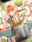  1girl apron braid brown_apron closed_mouth commentary_request cooking_pot double-parted_bangs dutch_angle english_commentary green_eyes green_vest grey_shirt hair_between_eyes half_up_braid hands_up highres hizaki_sui holding holding_ladle holding_plate indoors kitchen ladle long_bangs long_hair mixed-language_commentary orange_hair original plant plate potted_plant shelf shirt slice_of_life solo standing stew tasting turtleneck turtleneck_shirt vest 