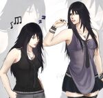  alternate_costume alternate_hairstyle amy_lee amy_lee_(cosplay) amy_lee_(evanescence) arm_up artist_name beamed_thirty-second_notes belt black_eyes black_hair black_nails black_necktie black_skirt black_tank_top black_thighhighs bleeehrghw bracelet breasts closed_eyes closed_mouth colored_sclera cosplay cowboy_shot earbuds earphones eighth_note english_commentary evanescence eyebrow_piercing eyelashes eyeshadow face_piercing genderswap genderswap_(mtf) grey_pants hair_over_breasts hands_in_pockets hashtag-only_commentary highres ibispaint_(medium) jewelry lip_piercing long_hair looking_to_the_side makeup medium_breasts mismatched_sclera multiple_bracelets musical_note naruto_(series) necklace necktie o-ring o-ring_top pants parted_lips photo-referenced piercing purple_sclera purple_tank_top rinnegan silver_bracelet skirt smokey_eyeshadow studded_belt studded_bracelet tank_top teeth thighhighs uchiha_sasuke white_background y2k_fashion zoom_layer zzz 