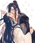  2boys amana_raika bishounen black_hair black_hanfu blush chinese_clothes collarbone commentary_request couple eye_contact french_kiss grey_eyes hair_ribbon hand_on_another's_face hand_on_another's_hip hand_on_another's_neck hanfu headband heart high_ponytail highres holding holding_ribbon hug kiss lan_wangji long_hair long_sleeves looking_at_another male_focus modao_zushi multiple_boys open_mouth pectoral_cleavage pectorals ponytail red_ribbon ribbon robe sidelocks simple_background sitting smile sweatdrop tongue tongue_out upper_body wei_wuxian white_background white_hanfu white_headband white_ribbon wide_sleeves yaoi yellow_eyes 