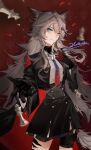  1girl animal_ears arknights bishop_(chess) black_cape black_gloves black_jacket black_skirt blue_eyes bolo_tie cape chess_piece chinese_commentary closed_mouth commentary_request cowboy_shot daihao1863 glint gloves grey_hair grey_tail hair_between_eyes hair_ornament hairclip highres jacket lappland_(arknights) lappland_the_decadenza_(arknights) light_particles light_smile long_hair long_sleeves looking_at_viewer material_growth oripathy_lesion_(arknights) queen_(chess) reaching reaching_towards_viewer red_background red_cape red_gloves shirt signature skirt solo standing tail two-sided_cape two-sided_fabric white_shirt wolf_ears wolf_girl wolf_tail 