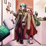 1boy 1girl aged_up all_might black_pants blush boku_no_hero_academia brown_hair character_charm charm_(object) closed_eyes coat couple freckles green_hair happy hetero hk_(nt) holding holding_charm holding_hands interlocked_fingers long_sleeves midoriya_izuku official_alternate_design official_alternate_hairstyle open_mouth pants scar scar_on_cheek scar_on_face shirt short_hair sidelocks smile spiked_hair suit uraraka_ochaco winter_clothes winter_coat 