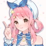  1girl bare_shoulders beret blue_bow blue_bowtie blue_choker blue_sleeves blue_wrist_cuffs bow bow_choker bowtie brooch brown_eyes bubbly_voyage_(infinity_nikki) chinese_commentary choker closed_mouth collared_shirt commentary_request detached_sleeves dot_nose eyelashes frilled_choker frilled_wrist_cuffs frills glint hair_ornament hair_rings hairclip happy hat hat_bow heart heart_background infinity_nikki jewelry lanlan_zhi_jiabing light_blush light_particles lipstick makeup nikki_(nikki) nikki_(series) pink_hair pink_lips pointing pointing_up polka_dot polka_dot_background rabbit_hair_ornament shadow shirt short_hair_with_long_locks sidelocks smile solo sparkle star_(symbol) star_choker star_hair_ornament strapless strapless_shirt tareme upper_body white_background white_hat wrist_cuffs 