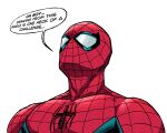  1boy animal_print artist_name commentary english_commentary english_text from_below highres marvel mask meme pizza990 solo speech_bubble spider-man spider-man_(series) spider_print spider_web_print superhero_costume upward_angle_frieren_drawing_(meme) white_background 