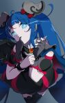  1girl armor black_wings blue_eyes blue_hair bow brooch cape cure_sky cure_sky_(dark) cut_bangs dark_persona detached_sleeves dress dress_bow earrings fingerless_gloves glove_in_mouth glove_pull gloves grey_gloves hair_ornament highres hirogaru_sky!_precure jewelry long_hair magical_girl mouth_hold multicolored_hair pauldrons precure puffy_detached_sleeves puffy_sleeves red_hair shoulder_armor simple_background single_pauldron single_sidelock single_wing sleeveless sleeveless_dress solo sora_harewataru spiked_pauldrons spikes streaked_hair torn_cape torn_clothes twintails wing_brooch wing_hair_ornament wings yuduru_1008 