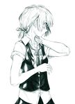  alternate_hairstyle blush collarbone flat_chest hair_ribbon hands highres monochrome neck necktie ponytail profile ribbon rumia short_hair simple_background sketch solo takeuma touhou upper_body vest 