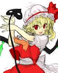  ascot blonde_hair colored_eyelashes fangs flandre_scarlet hands hat laevatein looking_at_viewer open_mouth red_eyes simple_background sketch smile solo tetsu_(kimuchi) touhou wings 