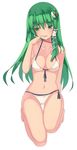  bikini blush breasts cameltoe frog front-tie_top green_eyes green_hair hair_tubes kochiya_sanae kureha_(ironika) long_hair looking_away medium_breasts navel shiny shiny_hair shy side-tie_bikini simple_background skindentation snake solo swimsuit touhou 