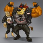 2020 absurd_res activision anthro armor barazoku belt bicep_grab biceps big_muscles biker biker_jacket biker_tiny_tiger body_hair boots bottomwear canid canine canis chain clothing crash_bandicoot_(series) dasyuromorph domestic_dog eyewear facial_hair fangs fingerless_gloves flexing flexing_bicep flexing_both_biceps footwear fur glasses gloves grin handwear headgear helmet hi_res holding_object holding_paper jacket kerchief larger_male leather leather_bottomwear leather_clothing leather_jacket leather_pants leather_topwear looking_at_another male male/male mammal manly marsupial muscular muscular_anthro muscular_arms muscular_male orange_body orange_fur pants paper pawpads polartoons recently_extinct_species sharp_teeth shirt shoes simple_background size_difference sleeveless_clothing sleeveless_jacket smaller_male smile solo stubble sunglasses tail tail_tuft tan_body tan_fur teeth thylacine tiny_tiger topwear torn_clothing torn_jacket triceps tuft