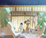  5girls absurdres alcohol armpits ass ass_visible_through_thighs back blonde_hair blue_hair bottle breasts brown_hair bucket catherine_(fire_emblem) choko_(cup) commentary completely_nude cup dark-skinned_female dark_skin drunk english_commentary female_byleth_(awakened)_(fire_emblem) female_byleth_(fire_emblem) female_pubic_hair fire_emblem fire_emblem:_three_houses flower from_behind green_eyes green_hair hair_flower hair_ornament highres holding holding_bottle large_breasts long_hair manuela_casagranda medium_breasts multiple_girls navel night night_sky nipples nude onsen outdoors pomelomelon ponytail pubic_hair purple_eyes rhea_(fire_emblem) same-sex_bathing shamir_nevrand shared_bathing short_hair sky star_(sky) starry_sky very_long_hair wading wooden_bucket 