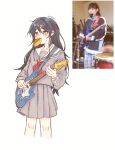  1girl artist_name black_hair blush collarbone commentary cowboy_shot derivative_work electric_guitar emrinuii facing_viewer fender_telecaster food food_in_mouth grey_eyes grey_serafuku grey_shirt grey_skirt guitar hair_between_eyes highres hoshino_ichika_(project_sekai) instrument long_hair long_sleeves looking_ahead messy_hair miyamasuzaka_girls'_academy_school_uniform mouth_hold music neckerchief photo_inset playing_guitar playing_instrument pleated_skirt project_sekai red_neckerchief reference_inset sailor_collar school_uniform serafuku shirt sidelocks simple_background skirt sleeve_cuffs solo standing sweatdrop white_background white_sailor_collar yakisobapan 
