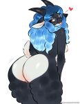 2_horns anthro black_body black_fur black_horn blep blue_hair bodily_fluids bovid breasts butt caprine eyewear eyewear_only female fur genital_fluids genitals glasses glasses_only hair hi_res horizontal_pupils horn kuru_tyan mammal nude nude_anthro nude_female pupils red_eyes serenity_(laggyb0i) sheep short_tail solo tail tongue tongue_out vaginal_fluids vulva wearing_glasses