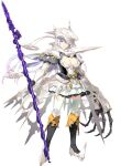  1girl armor breasts choukou_(alicesoft) choukou_taisen_escalation_heroines cleavage fafnir_siegfried_vii highres holding holding_polearm holding_weapon koutei_no_nir large_breasts long_hair official_art one_eye_covered orion_(orionproject) pauldrons polearm red_eyes shoulder_armor skeletal_hand solo tachi-e thighhighs weapon white_hair 