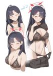  1girl absurdres ahoge bare_shoulders bikini black_choker black_gloves black_hair black_shirt black_skirt blue_archive blunt_bangs bra breasts choker closed_eyes closed_mouth clothes_lift clothes_pull commentary_request detached_sleeves gigi20040323 gloves groin hair_ornament hairpin halo highres ichika_(blue_archive) lace lace_bra lingerie long_hair multiple_views navel parted_bangs red_halo shirt shirt_lift side-tie_bikini_bottom simple_background skirt skirt_pull sleeping smile stomach swimsuit thighhighs underwear white_background zzz 