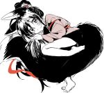  1boy aged_down ahoge amana_raika androgynous animal_ear_fluff animal_ears bare_legs barefoot black_hair blush brown_eyes child chinese_clothes closed_mouth commentary_request fox_boy fox_ears fox_tail full_body hair_between_eyes hair_ribbon hanfu highres hugging_tail kemonomimi_mode long_hair long_sleeves looking_at_viewer lying modao_zushi monochrome on_side ponytail red_ribbon red_sash ribbon robe sash simple_background smile solo spot_color tail trap wei_wuxian white_background wide_sleeves 