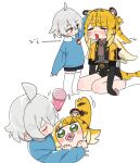  2girls absurdres aged_down ahoge andii_(anzai_teachco) animal_ear_fluff animal_ears blonde_hair blue_shirt blush chibi child closed_eyes closed_mouth collared_shirt colored_inner_hair commentary_request crying green_eyes grey_hair grey_shirt hair_between_eyes headpat high-waist_shorts highres holding holding_rattle jacket ju_fufu long_hair looking_at_another motion_lines multicolored_hair multiple_girls no_shoes open_mouth orange_fur pacifier rattle rounded_collar shirt short_hair shorts simple_background sitting smile socks striped_fur striped_hair tail tears tiger_ears tiger_girl tiger_stripes tiger_tail wariza white_background white_socks yellow_eyes yellow_jacket yixuan_(zenless_zone_zero) zenless_zone_zero 