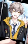  1boy 1other absurdres alternate_costume alternate_hair_length alternate_hairstyle bag_charm black_jacket blurry blurry_foreground caelus_(honkai:_star_rail) cellphone character_charm charm_(object) collared_shirt commentary_request earrings grey_hair hair_between_eyes hand_up highres holding holding_phone honkai:_star_rail honkai_(series) hood hood_down hooded_jacket instrument_case jacket jewelry lollipop_in_mouth looking_at_viewer lordly_trashcan_(honkai:_star_rail) male_focus medium_hair mouth_hold necktie open_mouth outdoors partially_unzipped phone pov pov_hands school_uniform shirt smartphone smile solo_focus striped_necktie taking_picture teeth tiizumaru98 trailblazer_(honkai:_star_rail) v white_shirt yellow_eyes 