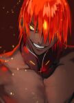  1boy ashwatthama_(fate) au_(d_elete) bad_id bad_pixiv_id check_copyright clenched_teeth collarbone copyright_request dark-skinned_male dark_skin fate_(series) hair_over_one_eye looking_to_the_side male_focus muscular muscular_male open_mouth orange_hair pectorals portrait short_hair slit_pupils solo teeth topless_male yellow_eyes 