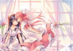  akemi_homura arms_behind_back bad_id bad_pixiv_id black_hair blush closed_eyes curtains dress flower jewelry kaname_madoka lace mahou_shoujo_madoka_magica multiple_girls necklace petals pink_hair ribbon rie_(reverie) sitting soul_gem ultimate_madoka window 