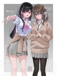  2girls absurdres black_hair black_thighhighs blue_eyes bow bowtie breasts brown_hair cleavage clothes_around_waist cowboy_shot fang grey_bow grey_bowtie gyaru_v hair_intakes hair_ornament hair_ribbon hairclip highres long_hair long_sleeves looking_at_viewer multicolored_hair multiple_girls open_mouth original parted_lips pink_bow pink_bowtie pink_nails purple_eyes ribbon school_uniform spoken_blush standing sweater sweater_around_waist swept_bangs thighhighs two-tone_hair v white_ribbon yuuyu_(moco20111115) 