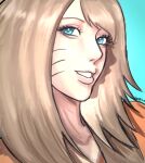  1girl alternate_costume alternate_hairstyle aqua_background artist_name black_eyeshadow bleeehrghw blonde_hair blue_eyes drop_shadow english_commentary eyelashes eyeshadow facial_mark genderswap genderswap_(mtf) hashtag-only_commentary highres ibispaint_(medium) light_smile long_hair looking_ahead makeup naruko_(naruto) naruto_(series) orange_shirt portrait shirt spotlight straight_hair swept_bangs teeth uzumaki_naruto whisker_markings 