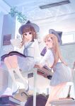  2girls :o black_hat blonde_hair book book_on_lap brown_hair chair commentary desk double-parted_bangs english_commentary gina_61324 grey_eyes grey_neckerchief grey_skirt hat highres indoors kneehighs long_hair long_sleeves looking_at_another looking_down magic_circle multiple_girls neckerchief on_desk open_book open_mouth original parted_lips pile_of_books plant pleated_skirt potted_plant purple_eyes sailor_collar school_chair school_desk shirt shoes sitting skirt slice_of_life smile socks standing uwabaki very_long_hair vines white_sailor_collar white_shirt white_shoes white_socks 