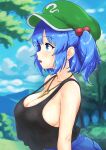  1girl black_tank_top blue_eyes blue_hair blue_shorts blue_sky breasts cleavage cloud cloudy_sky commentary_request day from_side green_hat hat highres hinben jewelry kawashiro_nitori key key_necklace large_breasts necklace no_bra outdoors parted_lips shorts sideboob sky solo tank_top touhou two_side_up 