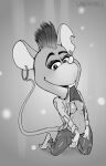 absurd_res ankle_monitor anthro artist_name bare_chest barefoot biting_shirt bottomwear breasts buckteeth clothed clothing clothing_lift disney ear_piercing ear_ring exposed_breasts eyelashes feet female greyscale hair hi_res kneeling looking_at_viewer mammal mandy_(zootopia) mohawk monochrome mouse murid murine nipples no_bra no_underwear pants piercing presenting presenting_breasts raised_clothing raised_shirt raised_topwear ring_piercing rodent shirt shirt_lift short_hair simple_background small_breasts smile solo tail teeth text topwear unbakable zootopia