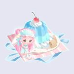  1girl :o animal_ears animal_slippers ankle_socks aqua_outline artist_name blue_bow blue_dress blue_mask blue_ribbon blush bow brown_eyes cherry chibi chinese_commentary collared_dress commentary_request double_bun dream-weaving_lamb_(shining_nikki) dress eyelashes fake_animal_ears food frills fruit gelatin grey_background hair_bun heart highres holding holding_spoon horned_mask horns lanlan_zhi_jiabing light_particles long_hair long_sleeves looking_to_the_side mask mask_on_head messy_hair napkin nikki_(nikki) nikki_(series) no_lineart outline oversized_food oversized_object parted_lips pink_hair plate pleated_dress polka_dot polka_dot_dress ribbon sheep_ears sheep_horns shining_nikki simple_background sleep_mask slippers small_horns socks solo spoon standing tareme very_long_hair wafer whipped_cream white_horns white_slippers white_socks 