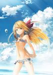  arms_behind_back bikini bikini_skirt blonde_hair cameltoe character_request cloud day flat_chest green_eyes groin hair_ribbon hands_clasped highres katou_taira light_rays light_smile long_hair ocean own_hands_together ponytail ribbon skinny sky solo sunbeam sunlight swimsuit sword_world 